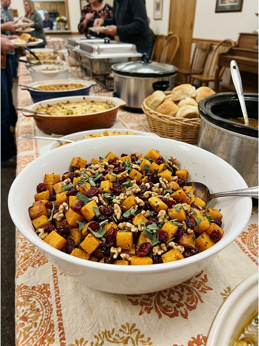 Roasted squash cubes mixed with dried cranberries.