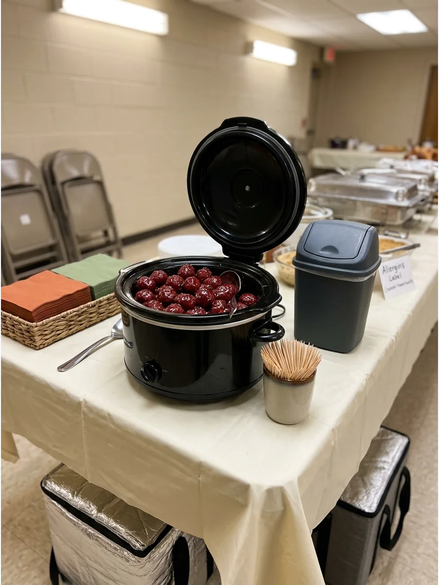 Cocktail meatballs coated in a shiny red cranberry glaze inside a slow cooker.
