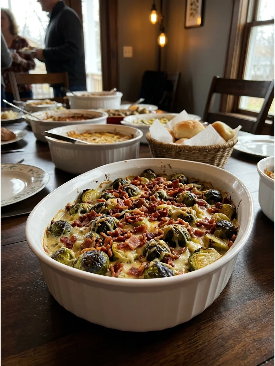 A ceramic dish of Brussels sprouts and bacon on a wooden table.