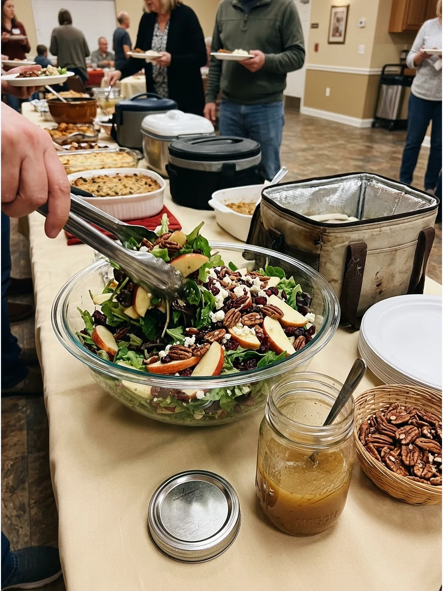 A glass bowl of apple and pecan salad on a cream tablecloth.