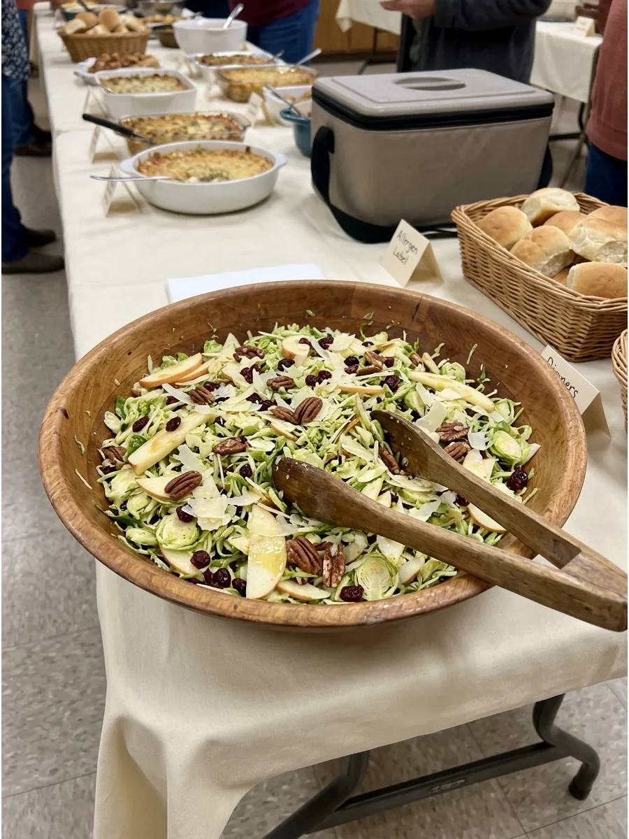 A wooden bowl of shredded Brussels sprout salad.