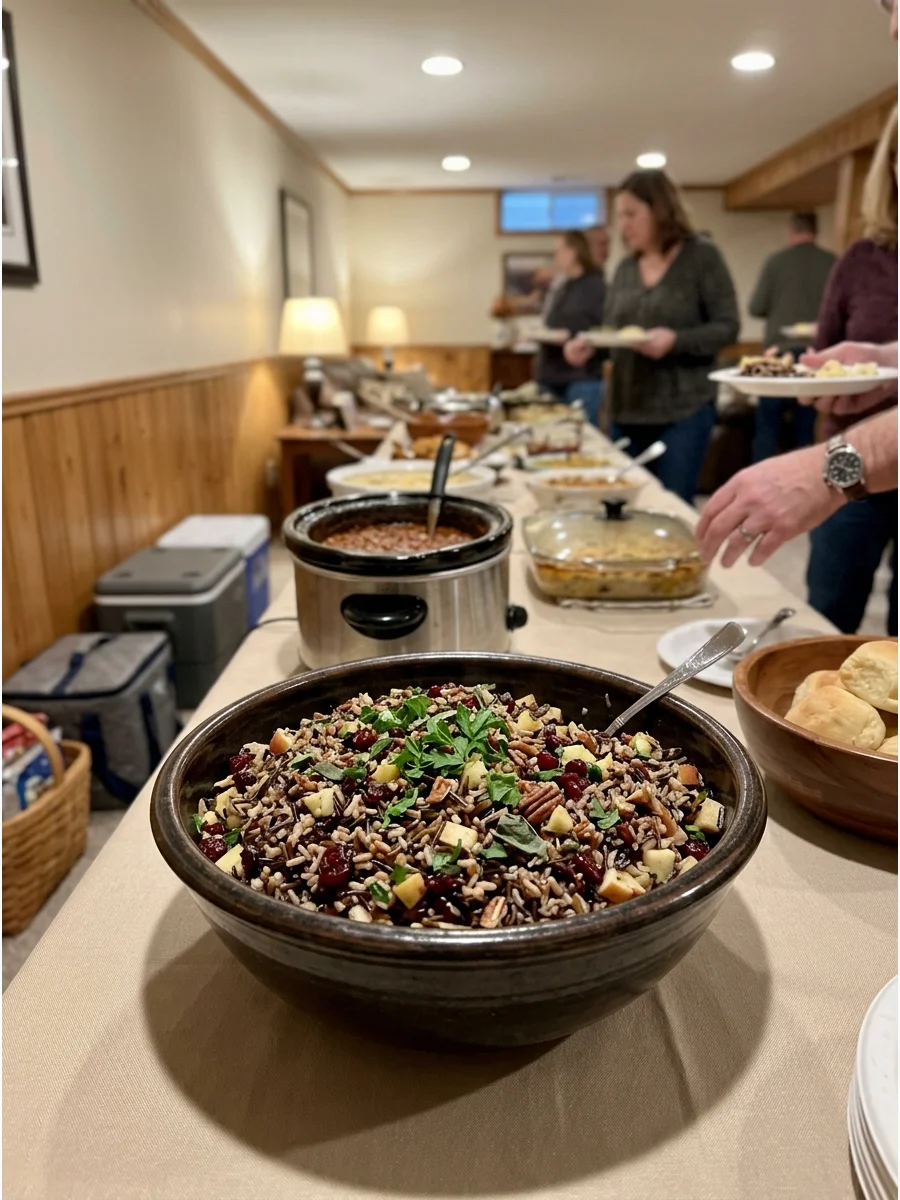 A bowl of wild rice salad with cranberries on a buffet.