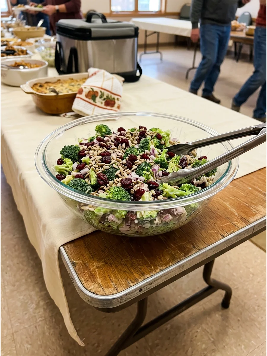 A clear bowl of broccoli salad on a long table.