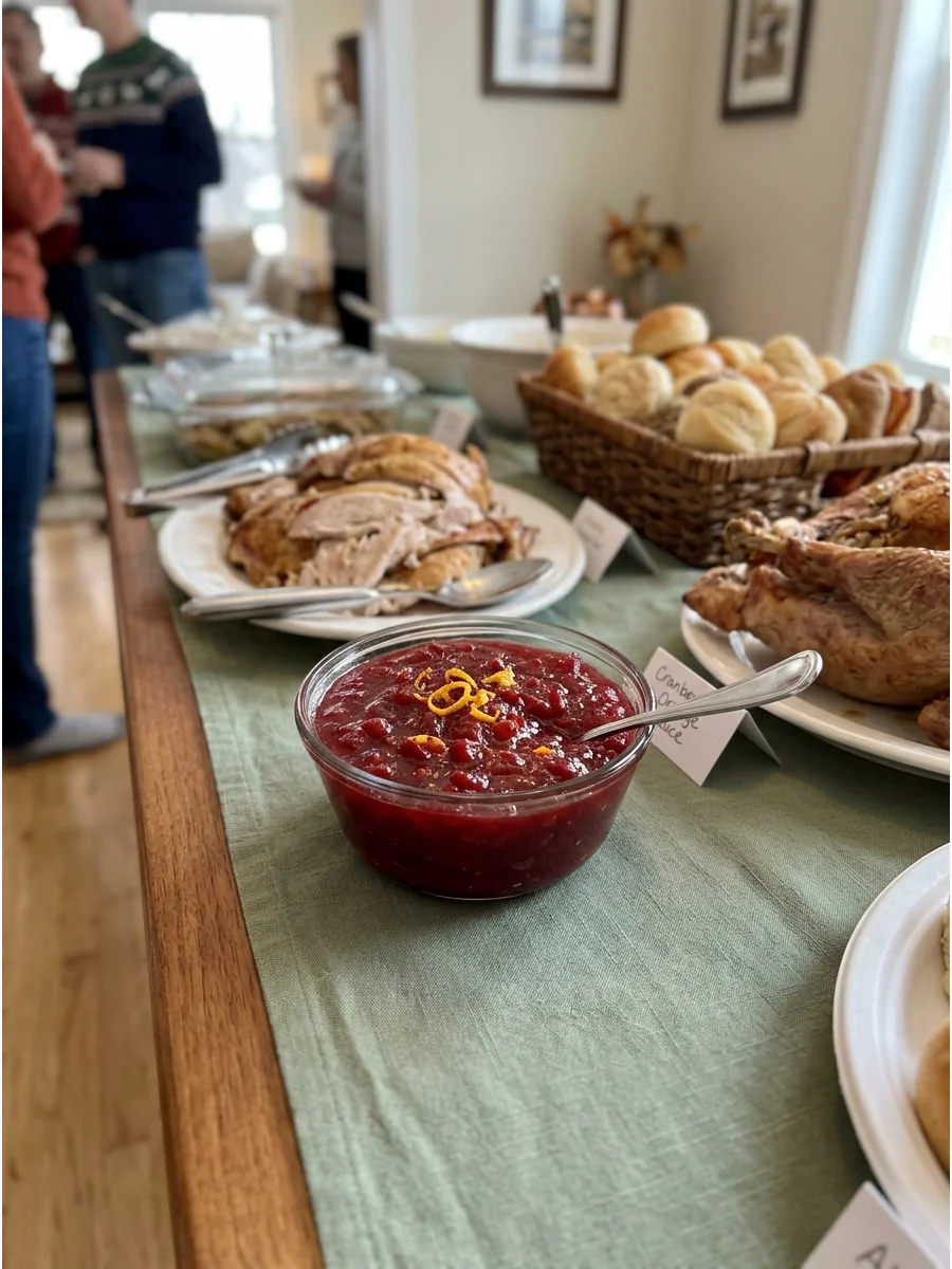 A glass dish of cranberry sauce on a green runner.