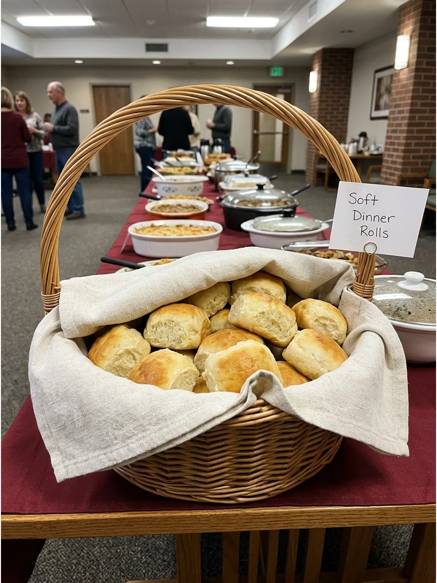 A wicker basket of dinner rolls wrapped in white linen.