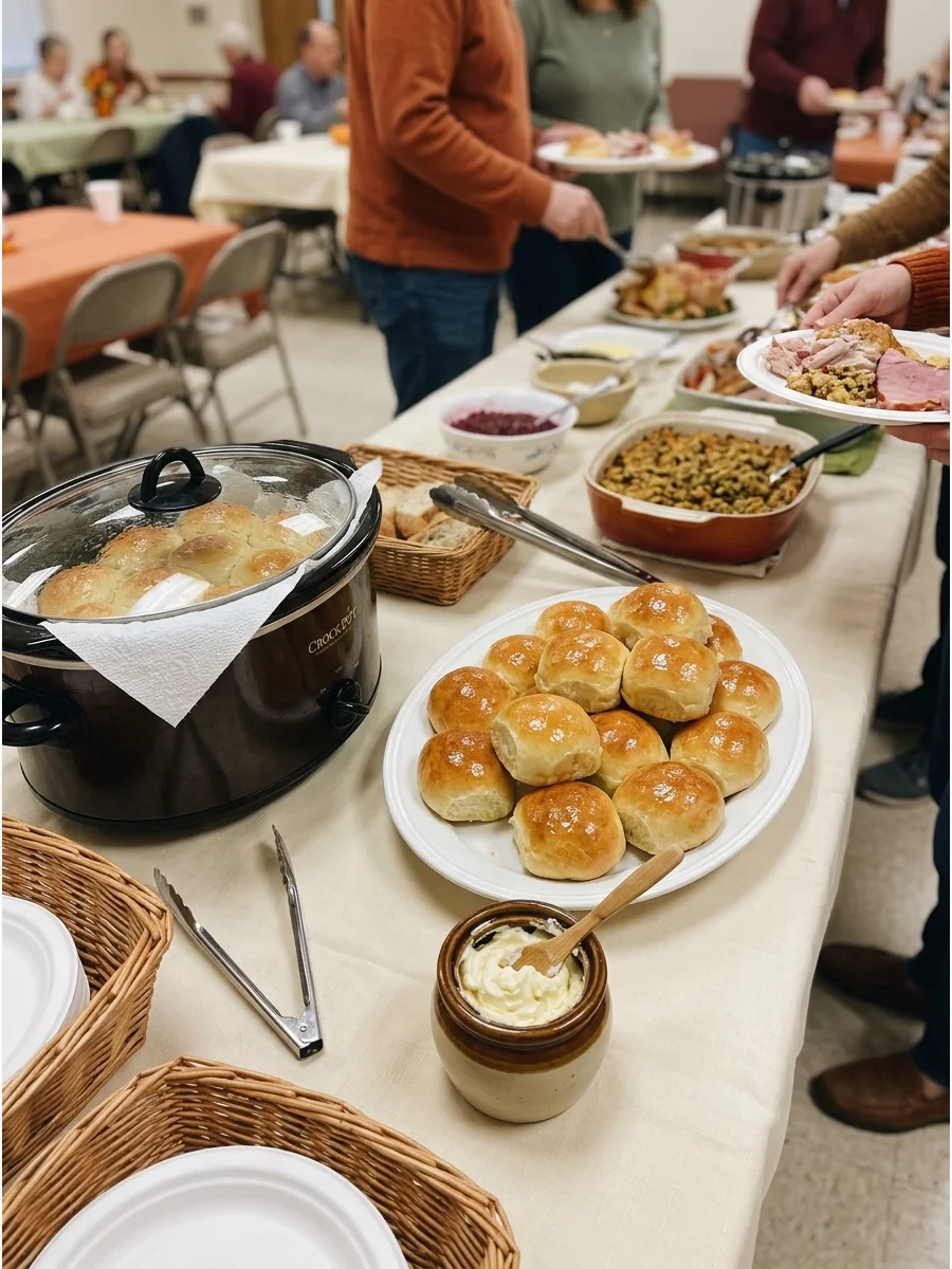 A platter of honey butter rolls and whipped butter.