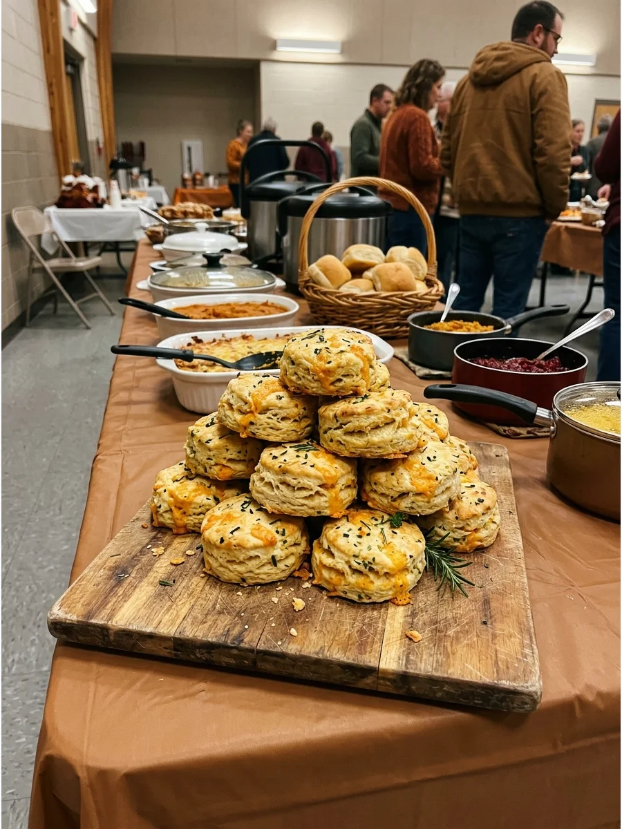 A stack of cheddar herb biscuits on a wooden board.