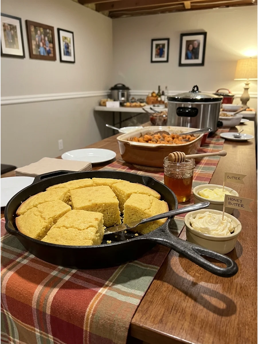 A cast iron skillet of sliced cornbread on a wooden table.