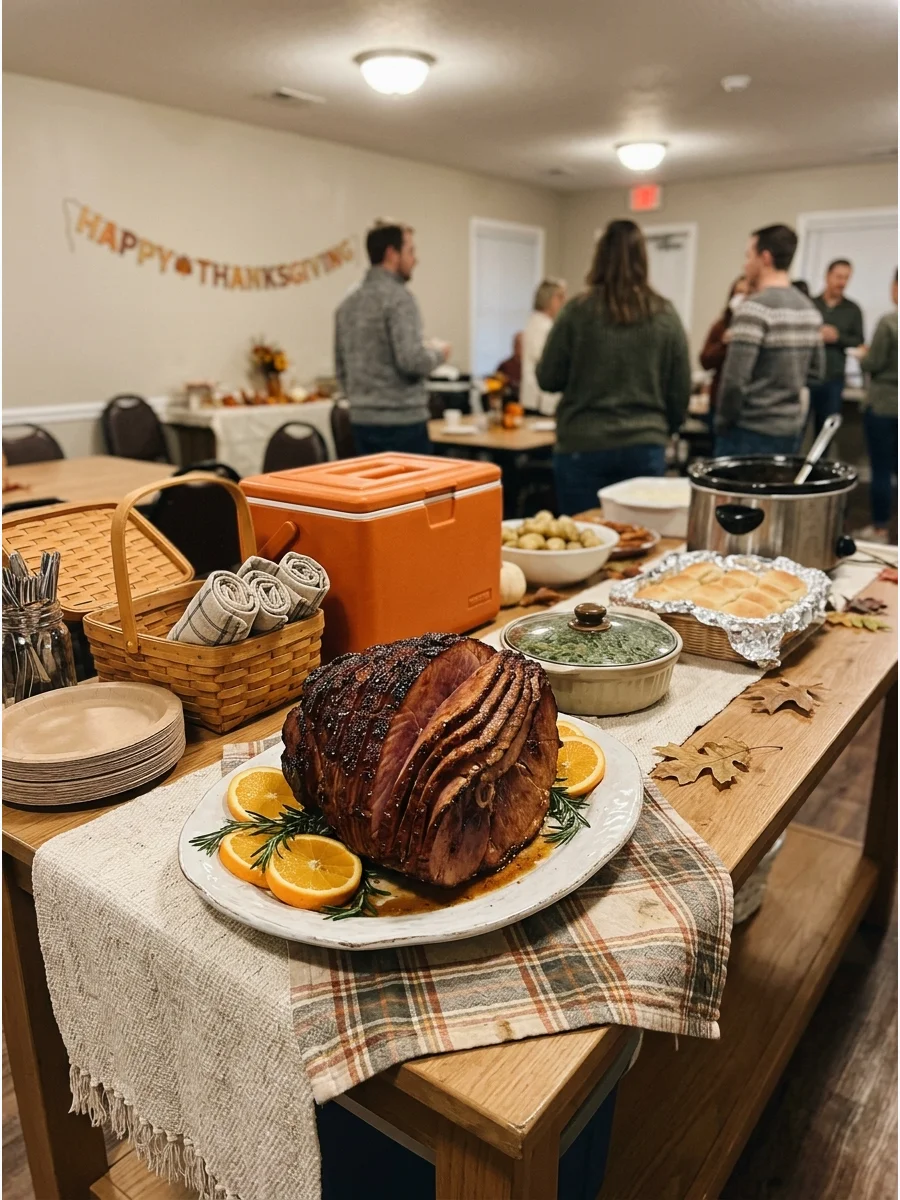A spiral sliced ham with a dark brown sugar glaze.