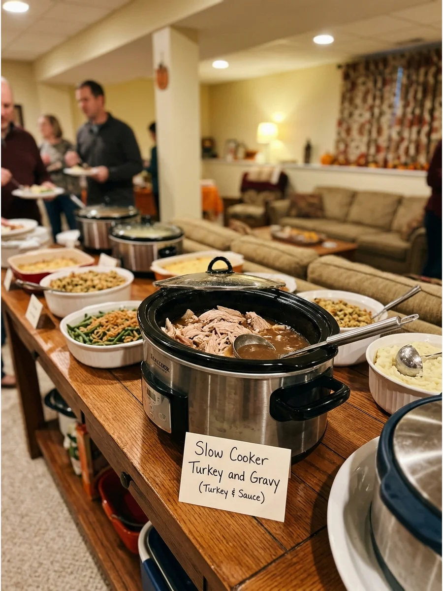 Shredded turkey meat mixed with brown gravy in a slow cooker.