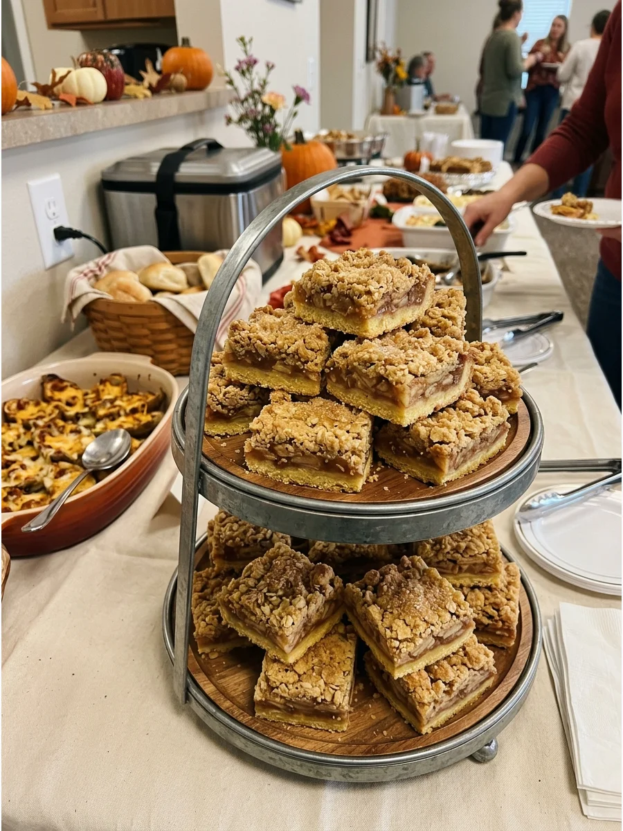 Square dessert bars with apple filling and crumbly topping.