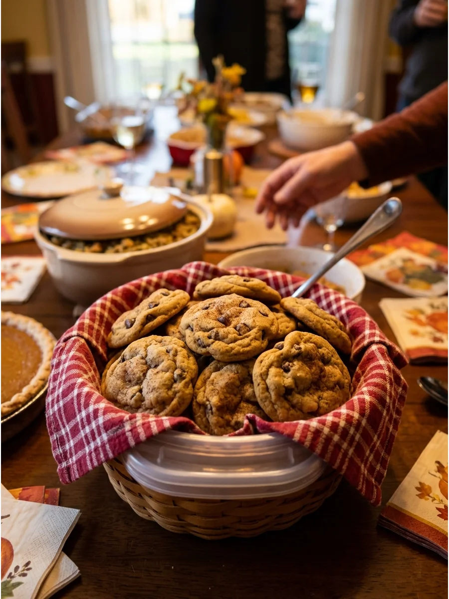 Soft pumpkin cookies with dark chocolate chips in a basket.
