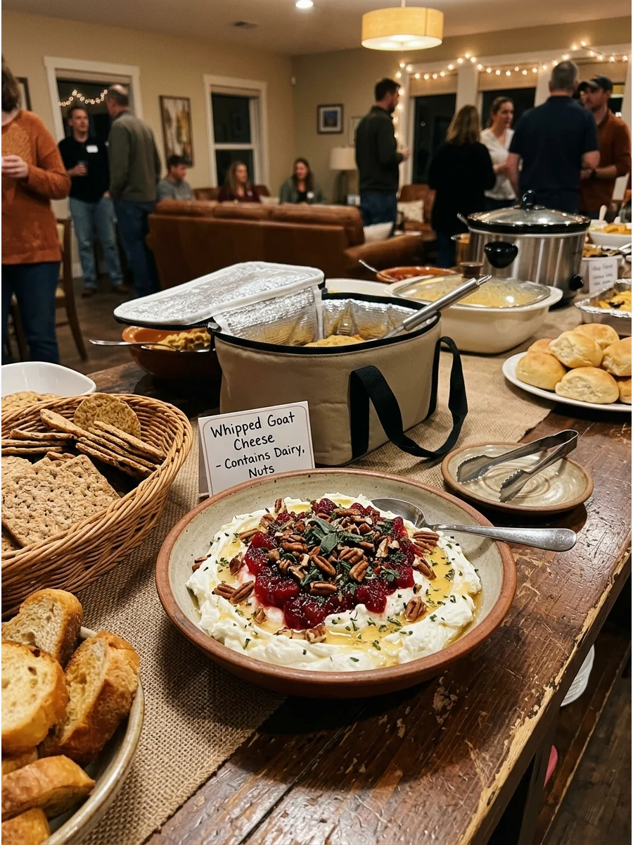 A shallow bowl of whipped goat cheese topped with cranberry sauce and a drizzle of honey.