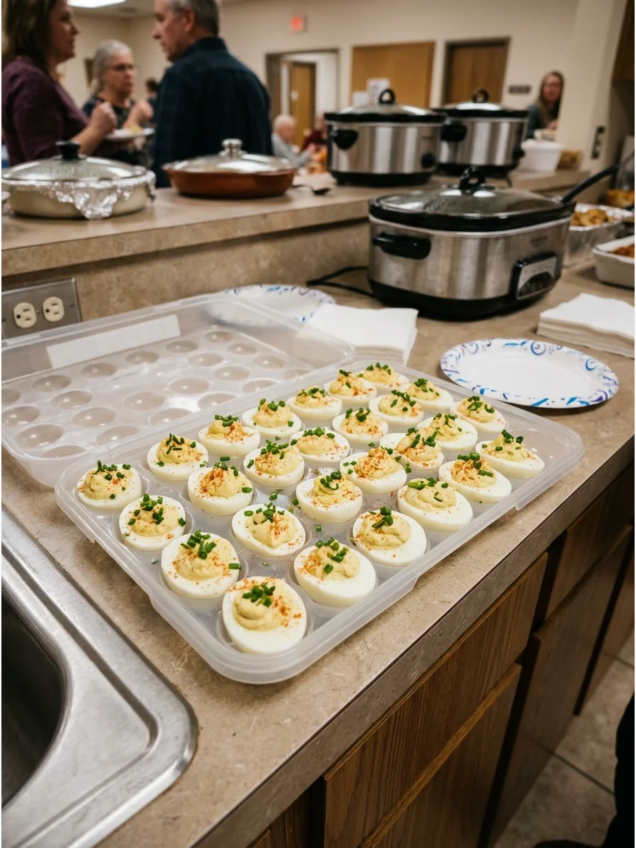 Classic deviled eggs topped with green chives and red paprika in a clear carrier.