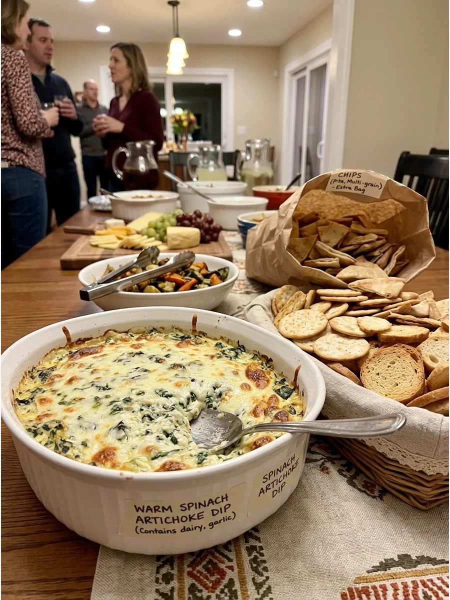 A warm spinach artichoke dip in a white ceramic baking dish with a golden cheese crust.
