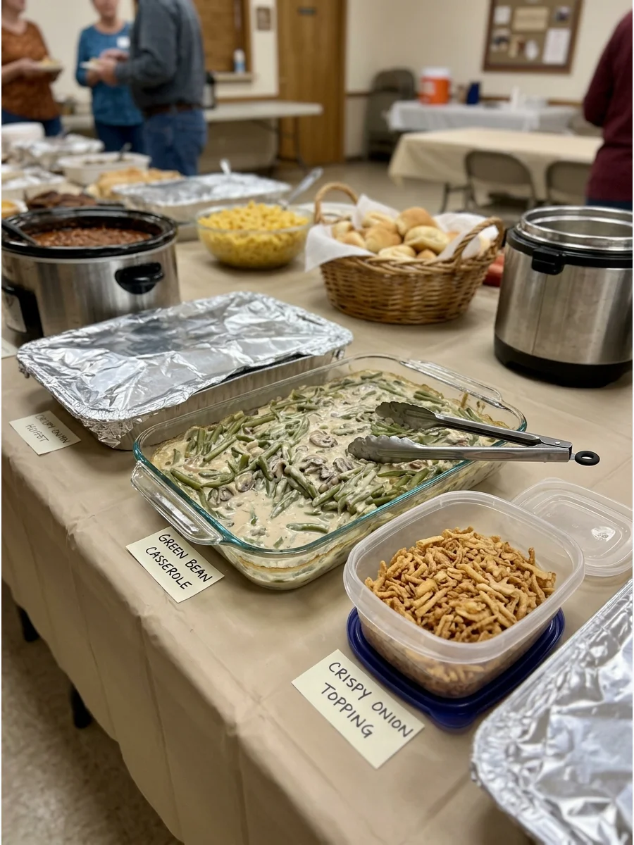 A classic green bean casserole topped with golden fried onions in a glass baking dish.