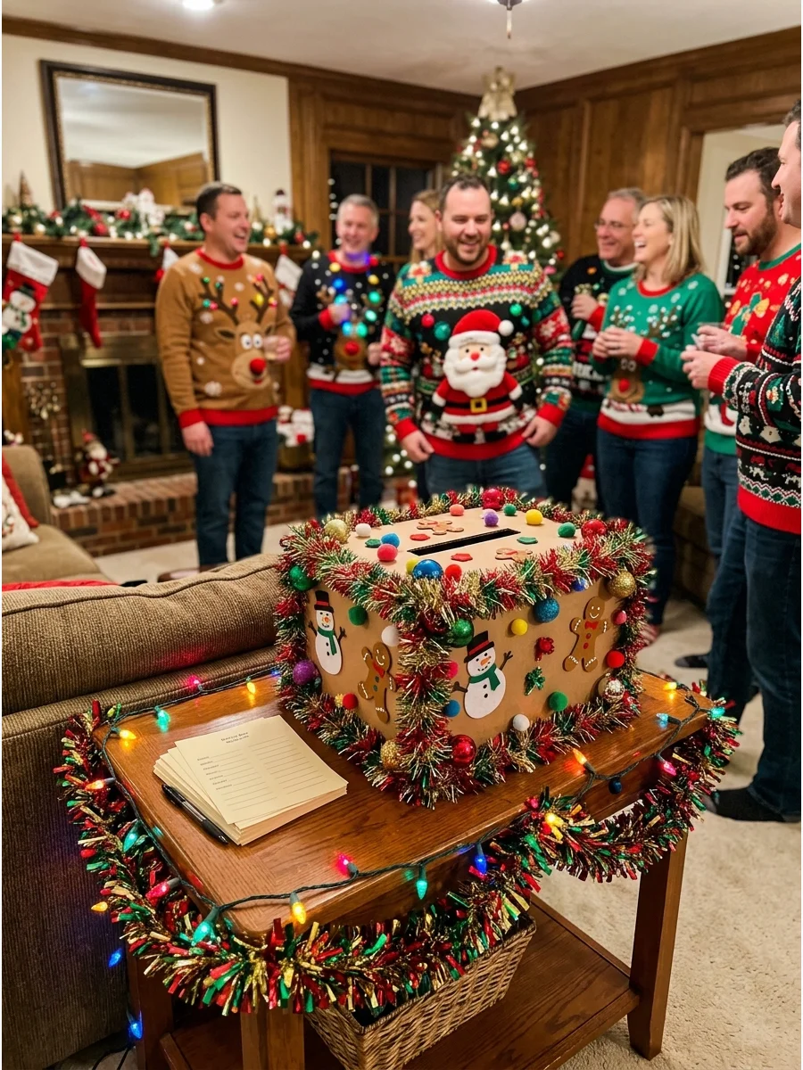 A festive voting station for an ugly sweater contest.
