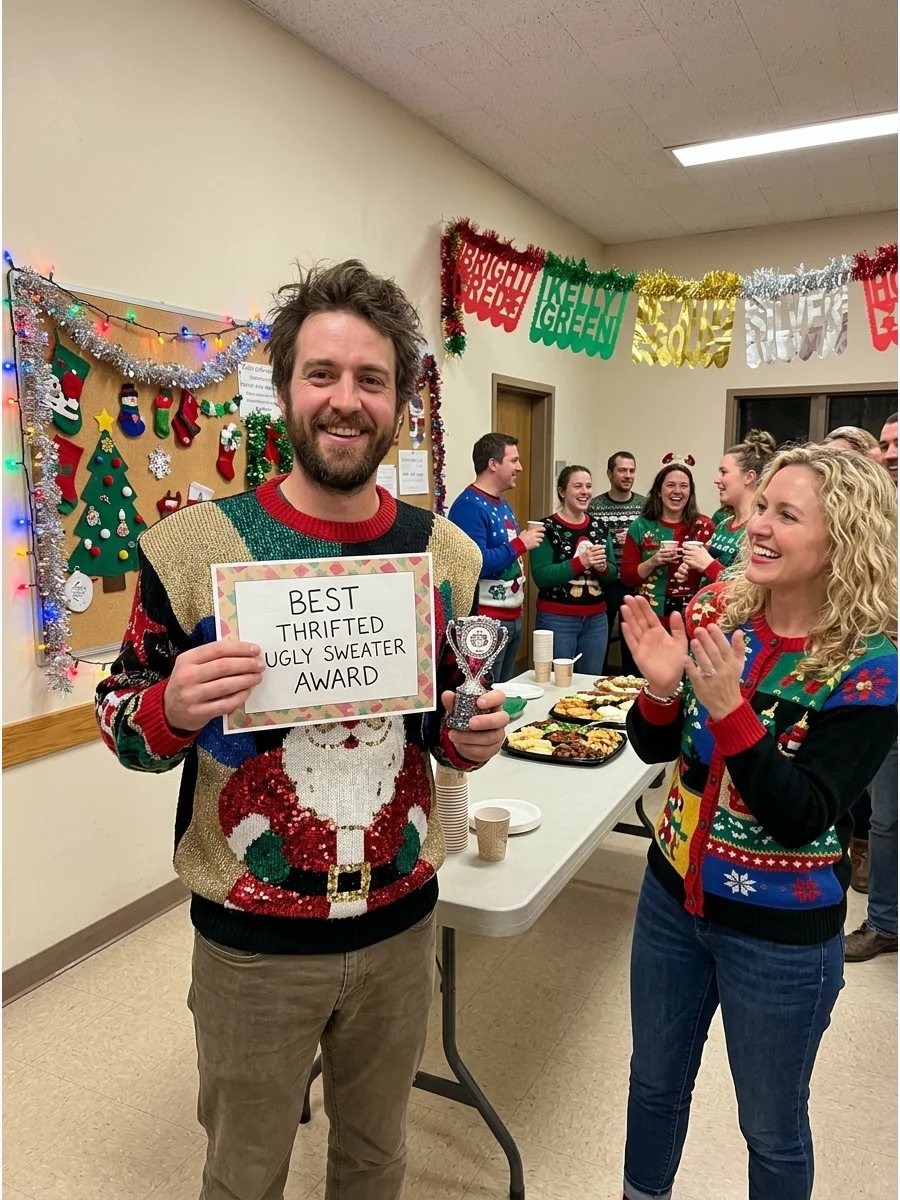 A vintage 1980s Christmas sweater with a Santa pattern.