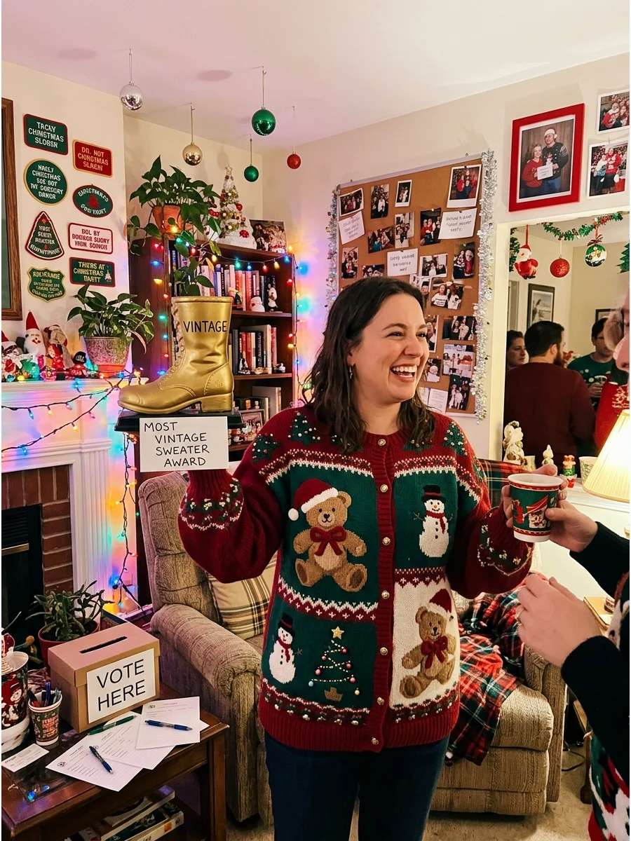 A person wearing a vintage 1980s Christmas sweater with teddy bears.