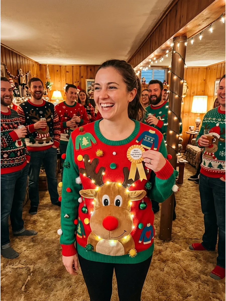 A creative ugly Christmas sweater with a 3D reindeer head and lights.