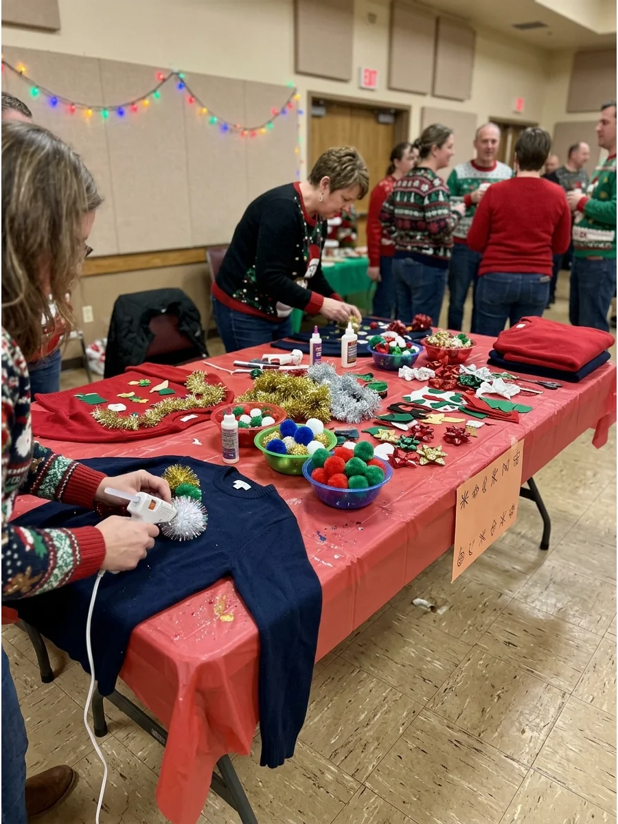 A DIY decorating station with craft supplies for ugly sweaters.