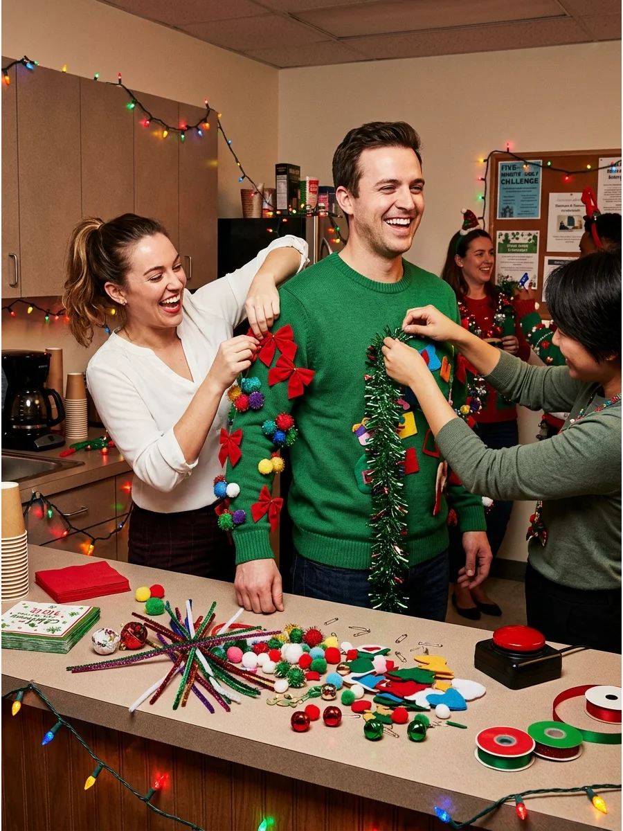 People participating in a fast-paced sweater decorating challenge.