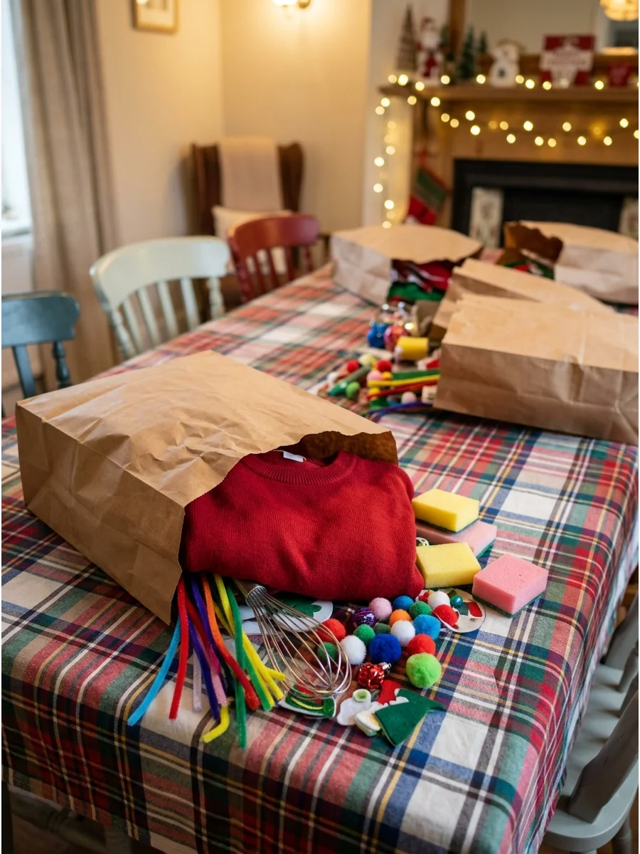 A mystery bag filled with random craft supplies and a red sweater.