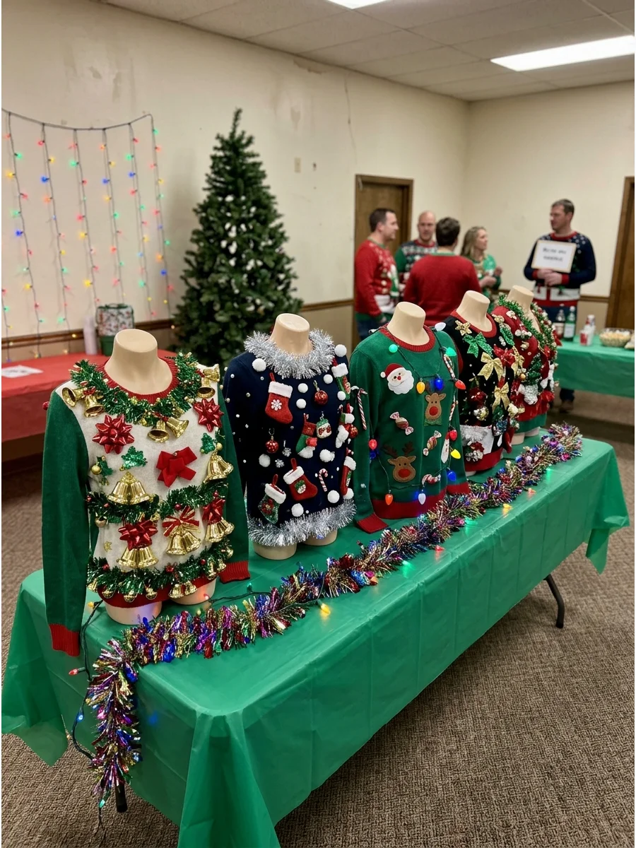 Sweaters decorated with inexpensive dollar store Christmas items.