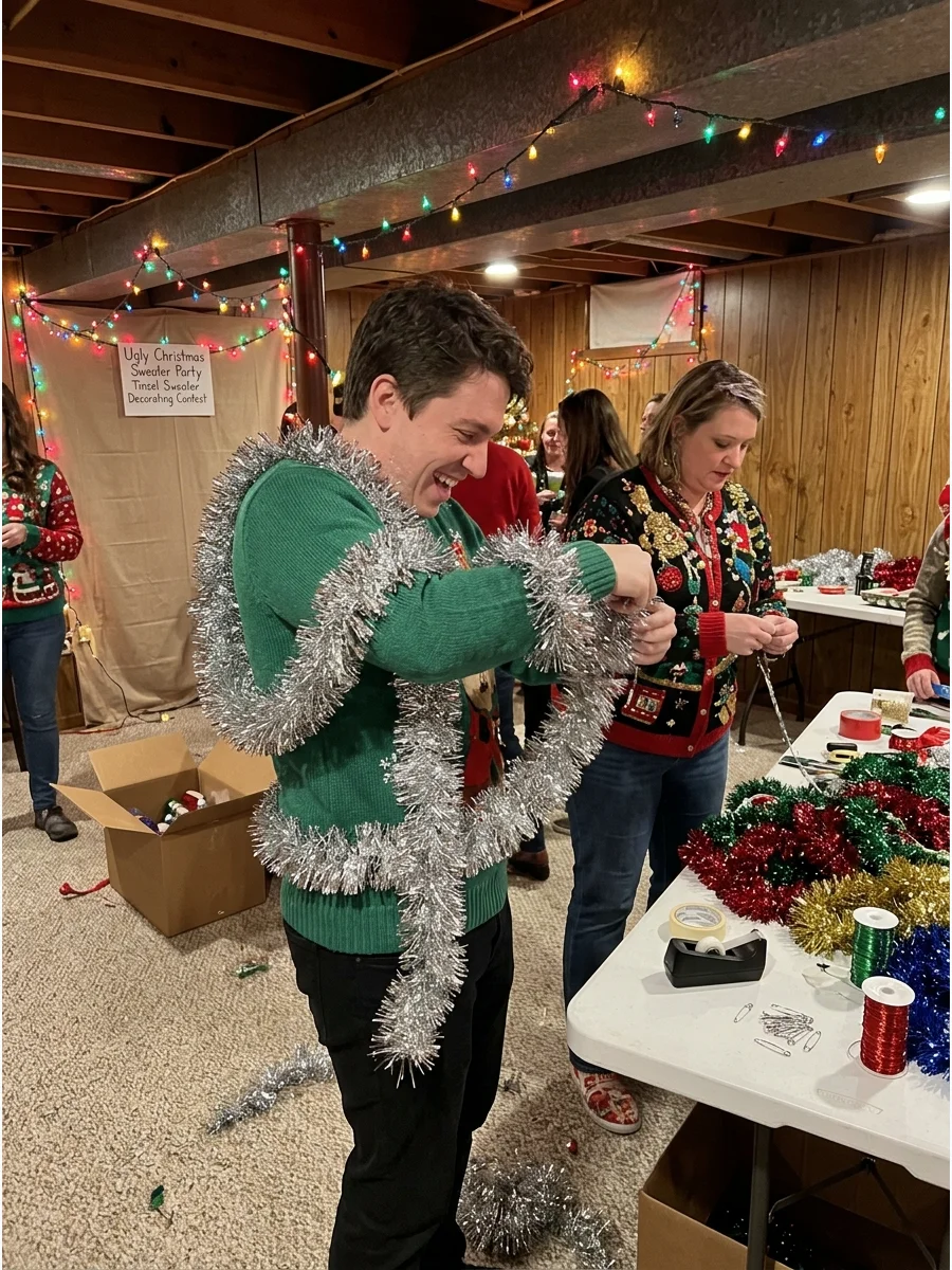 A person wrapping themselves in silver tinsel for a sweater contest.