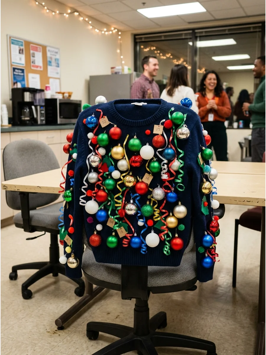 A navy blue sweater covered in colorful plastic Christmas ornaments.