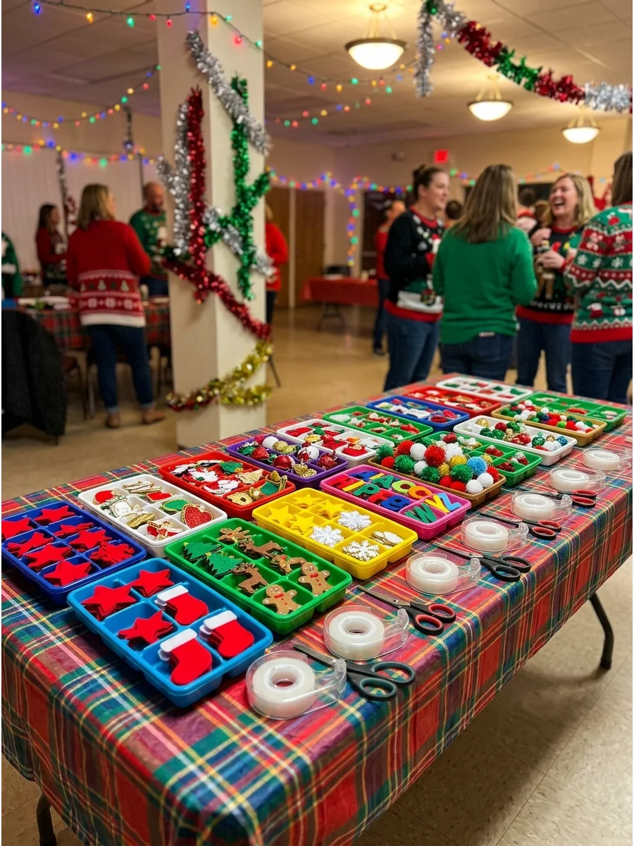 Felt patches and garment tape on a table for sweater decorating.