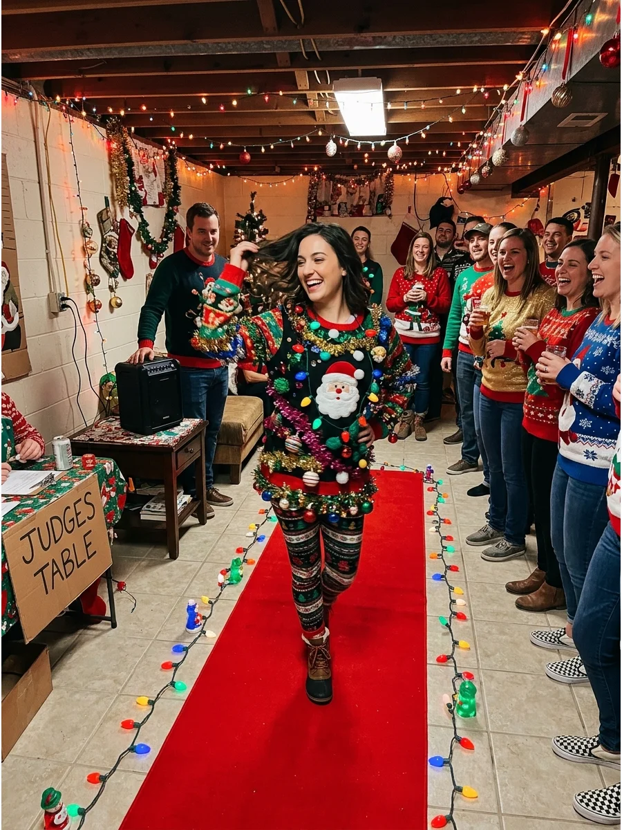Guests modeling sweaters on a red carpet runway.