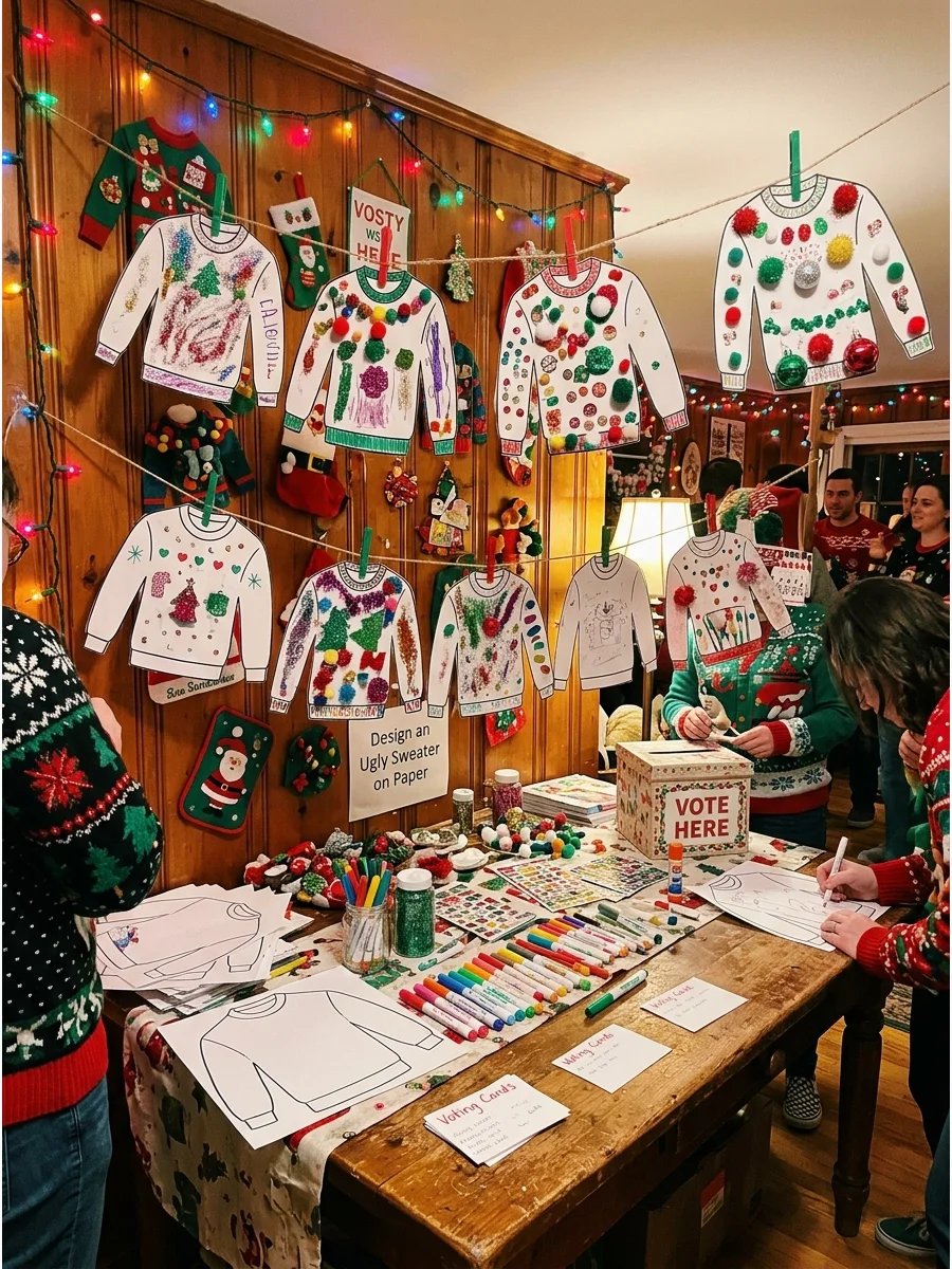 Paper sweater cutouts decorated with markers hanging on a string.
