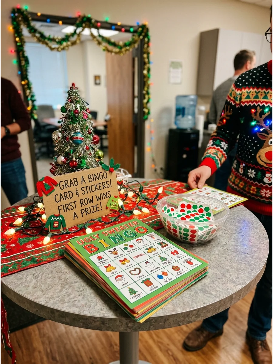 Ugly sweater bingo cards and stickers on an office table.