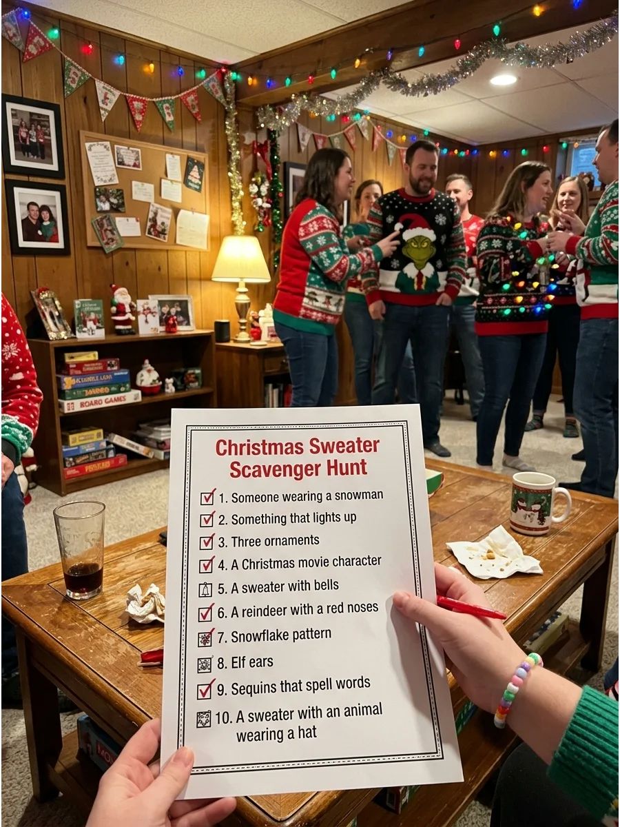 A holiday scavenger hunt checklist on a basement coffee table.