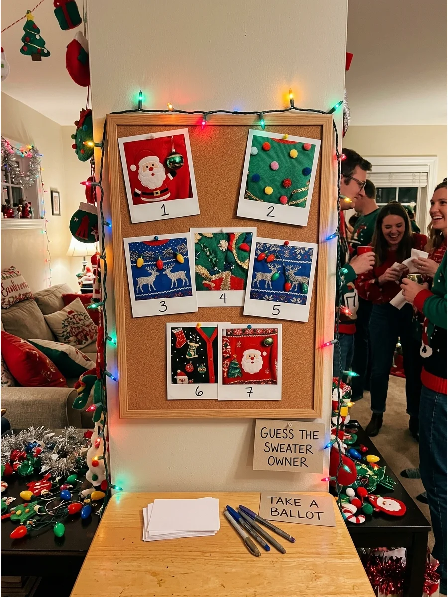 A corkboard with photos of Christmas sweater details.