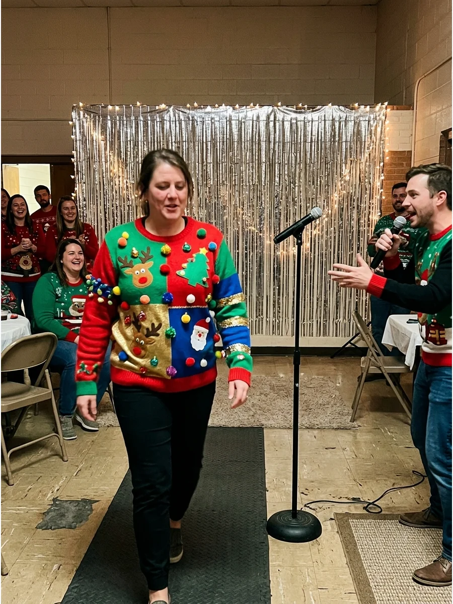 A microphone and tinsel backdrop for a sweater fashion show.