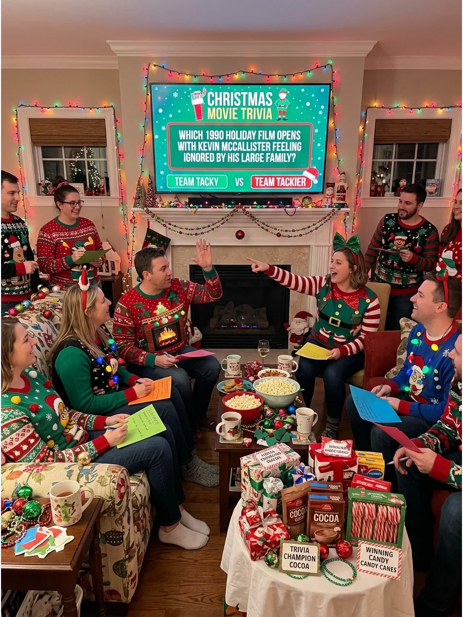 Holiday movie trivia questions displayed on a living room TV.