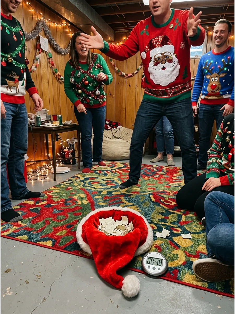 A Santa hat used for a charades game in a basement.
