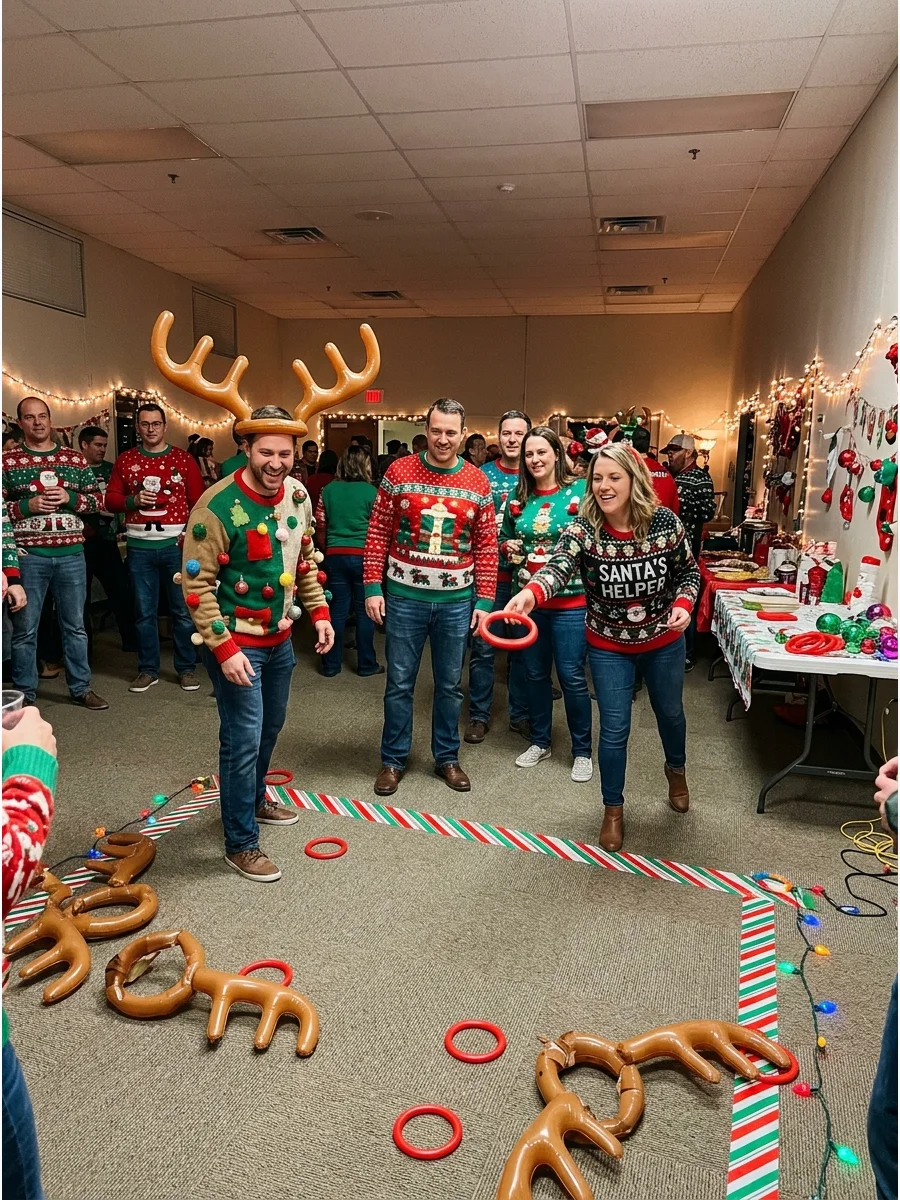 Inflatable reindeer antlers and rings for a party game.