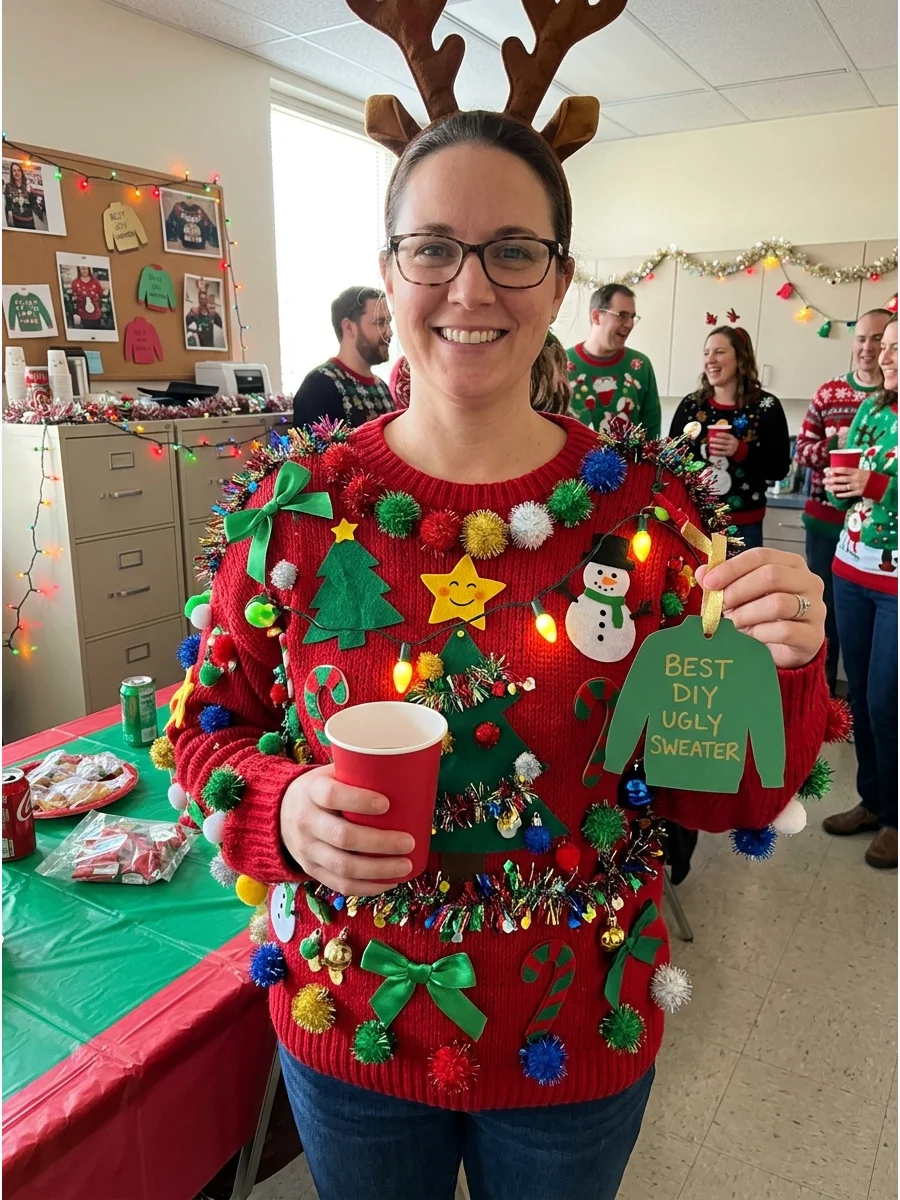 A handmade Christmas sweater with colorful felt decorations.