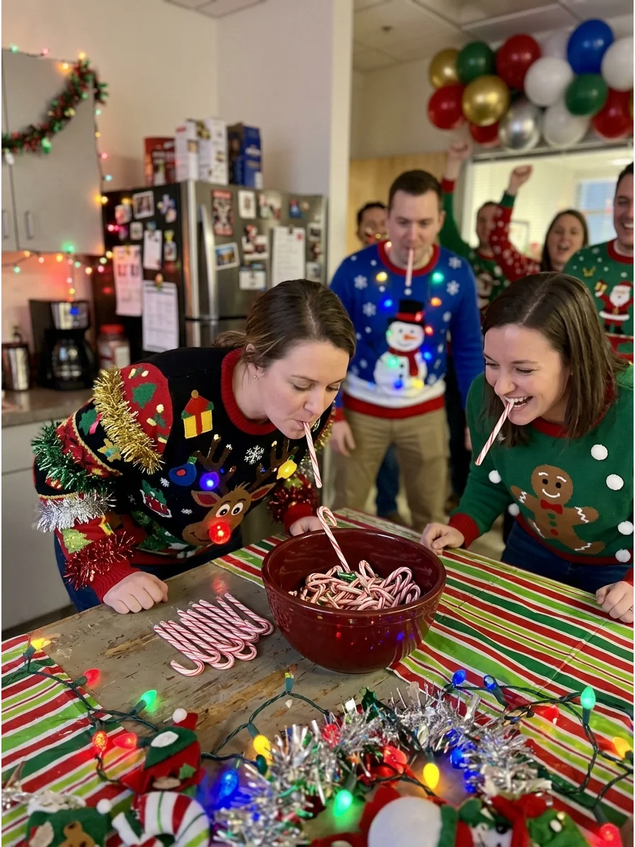 Coworkers playing a candy cane hook game at an office party.