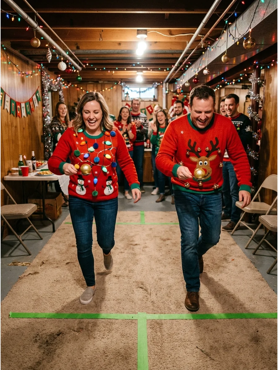 People racing in a Christmas ornament spoon relay.