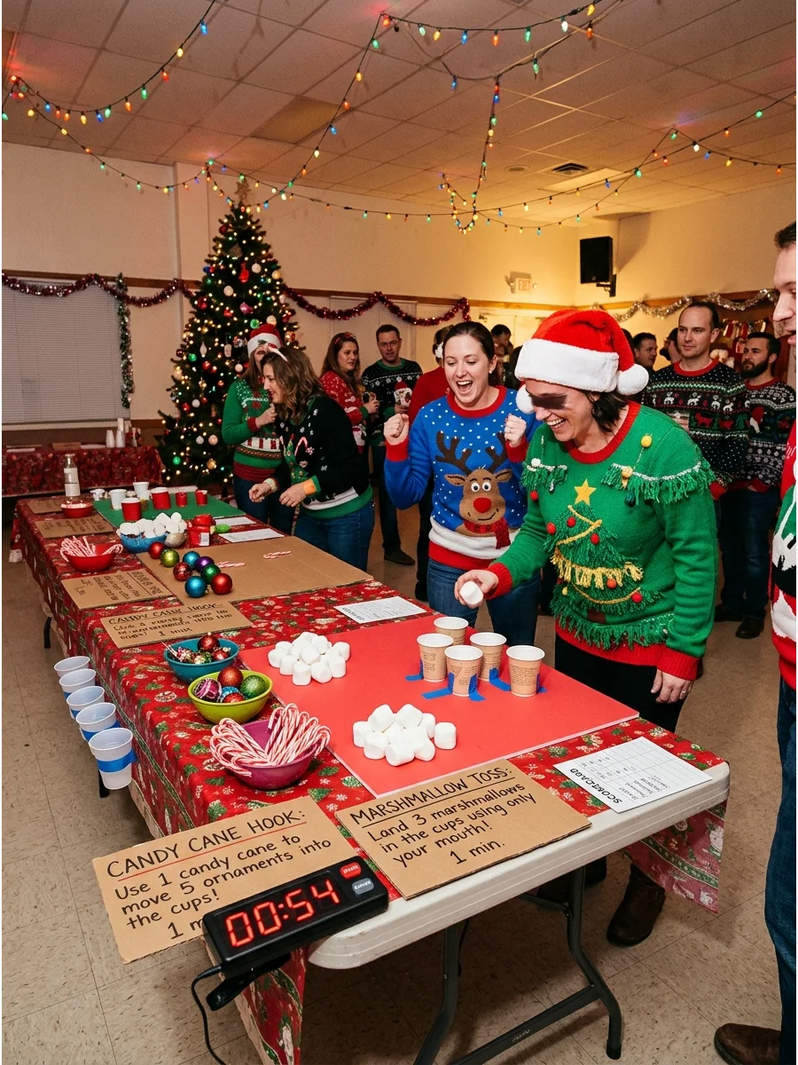 Minute-to-win-it game stations at a holiday party.