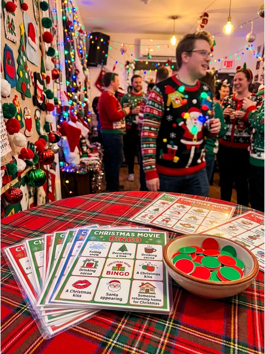Christmas movie bingo cards on a party table.