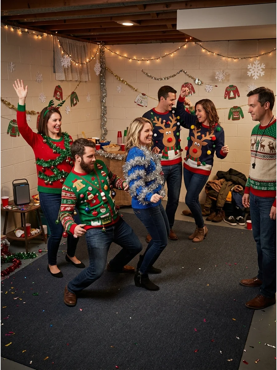 People playing freeze dance in ugly Christmas sweaters.