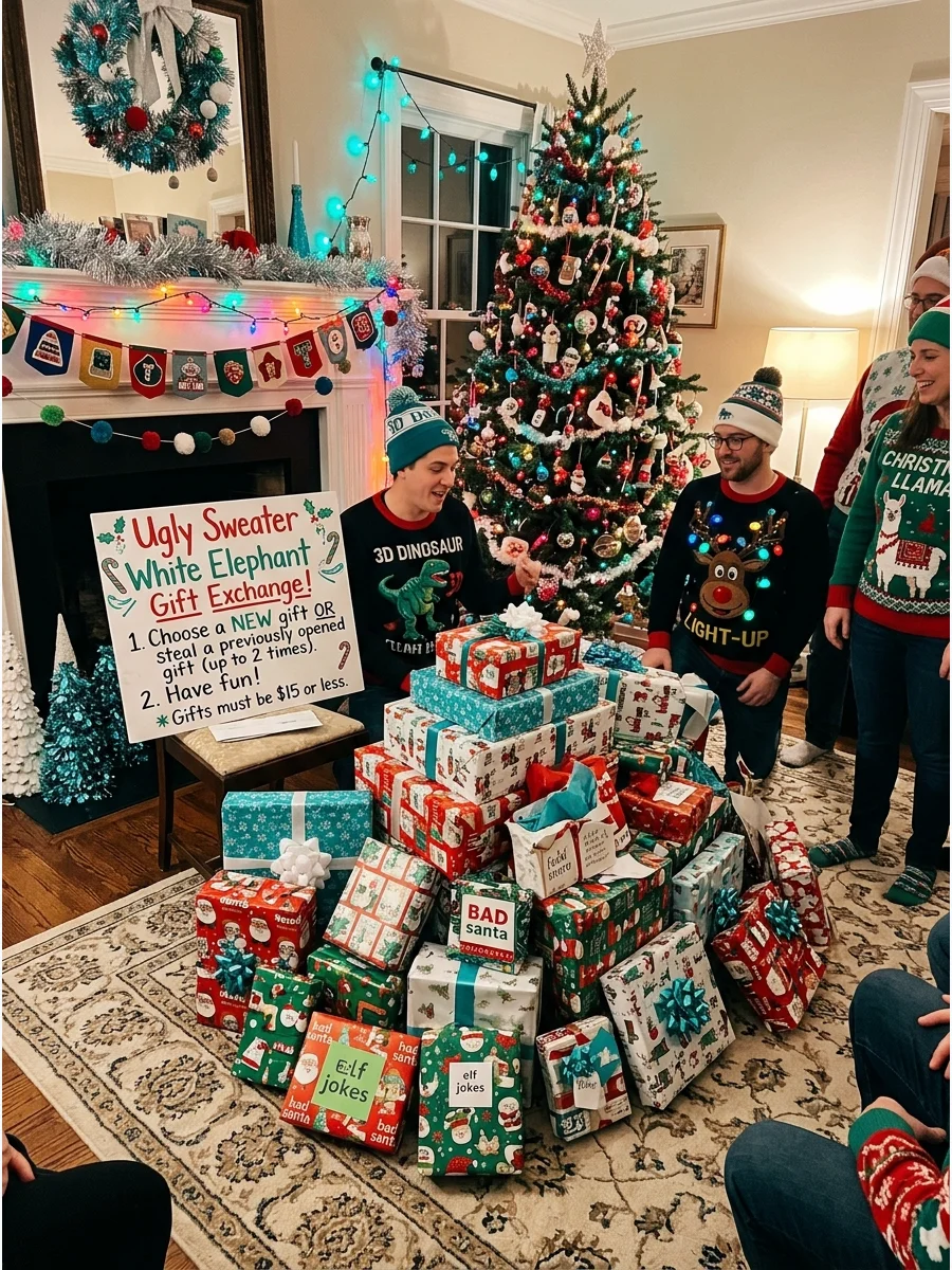 A pile of wrapped gifts for a White Elephant exchange.
