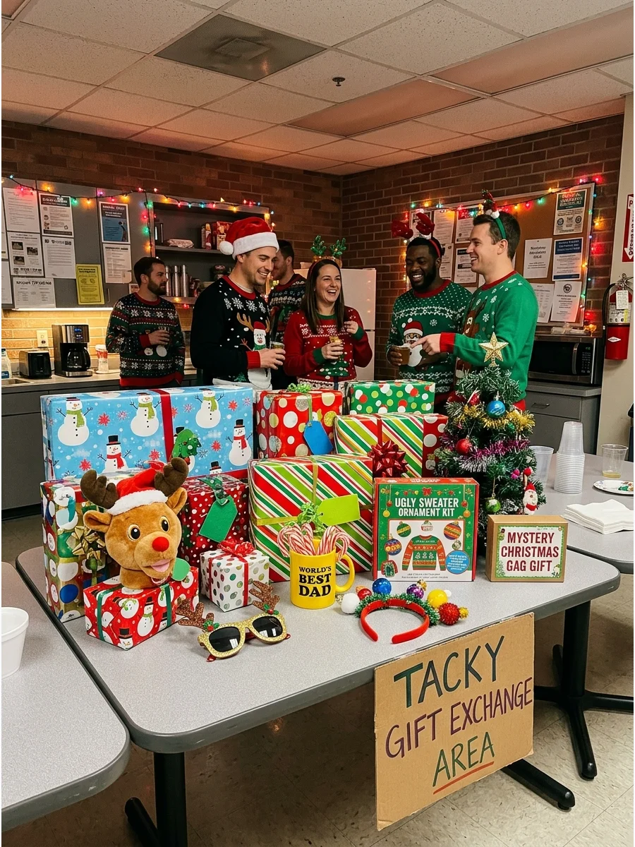 Tacky holiday gifts displayed on a table.