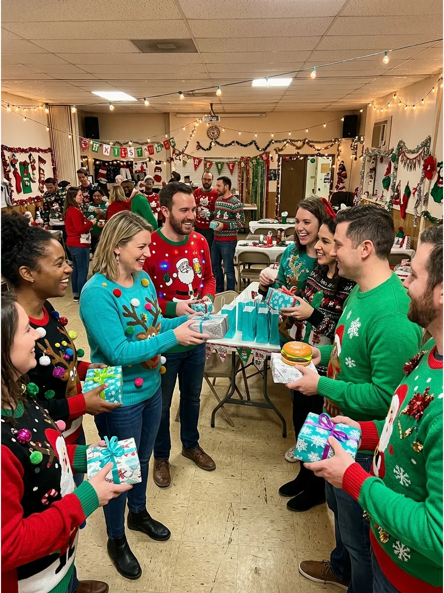 Guests participating in a holiday ornament exchange.