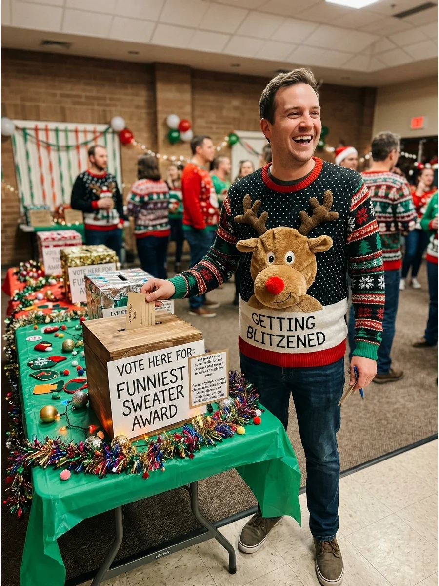 A humorous Christmas sweater featuring a 3D reindeer.